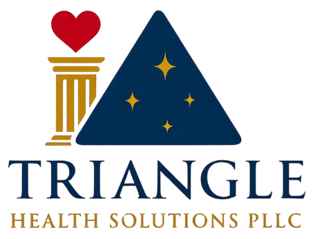 Logo with a heart, column, and starry triangle representing health solutions.