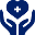 Blue stylized emblem with hands and flower.