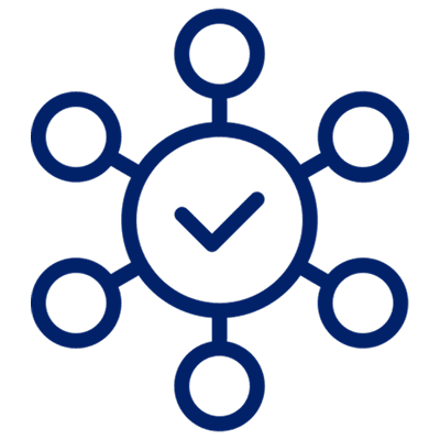 Network diagram with central checkmark icon.