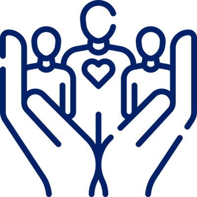 Outlined hands holding figures with heart.