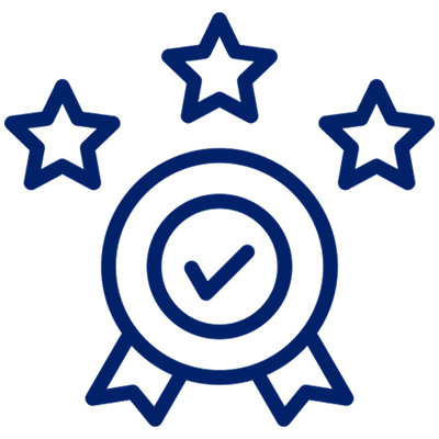 Award badge with three stars and checkmark.