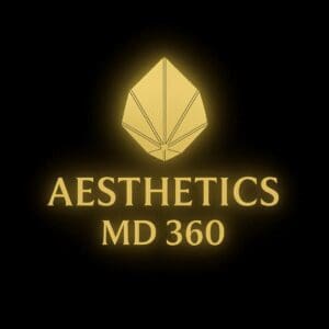 Glowing gold leaf logo with "AESTHETICS MD 360" text on black background.