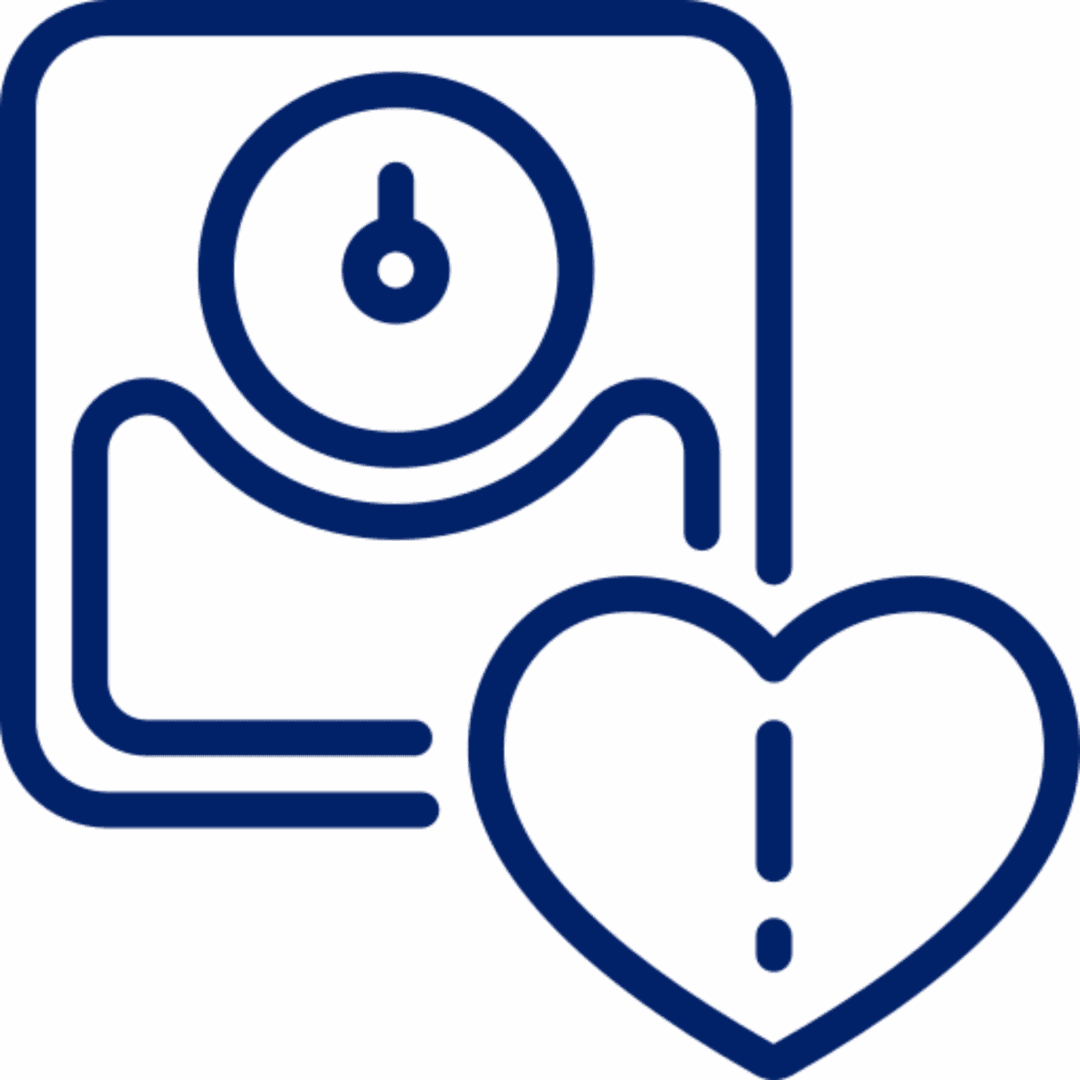Icon of a weighing scale with a heart and exclamation mark.