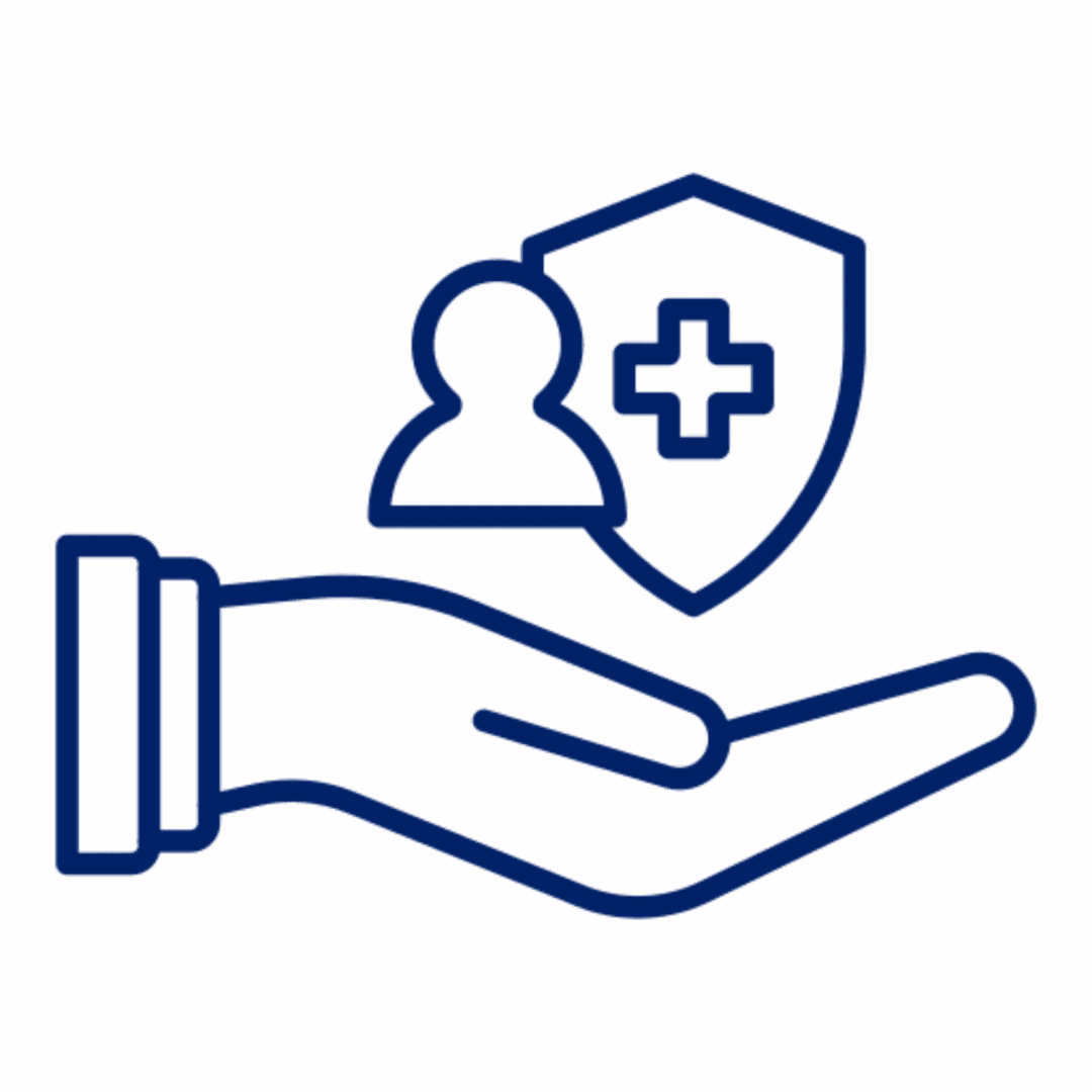 Hand holding a shield with a health symbol and person icon.