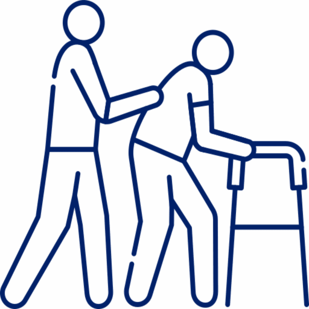 A person assisting an elderly individual using a walker.