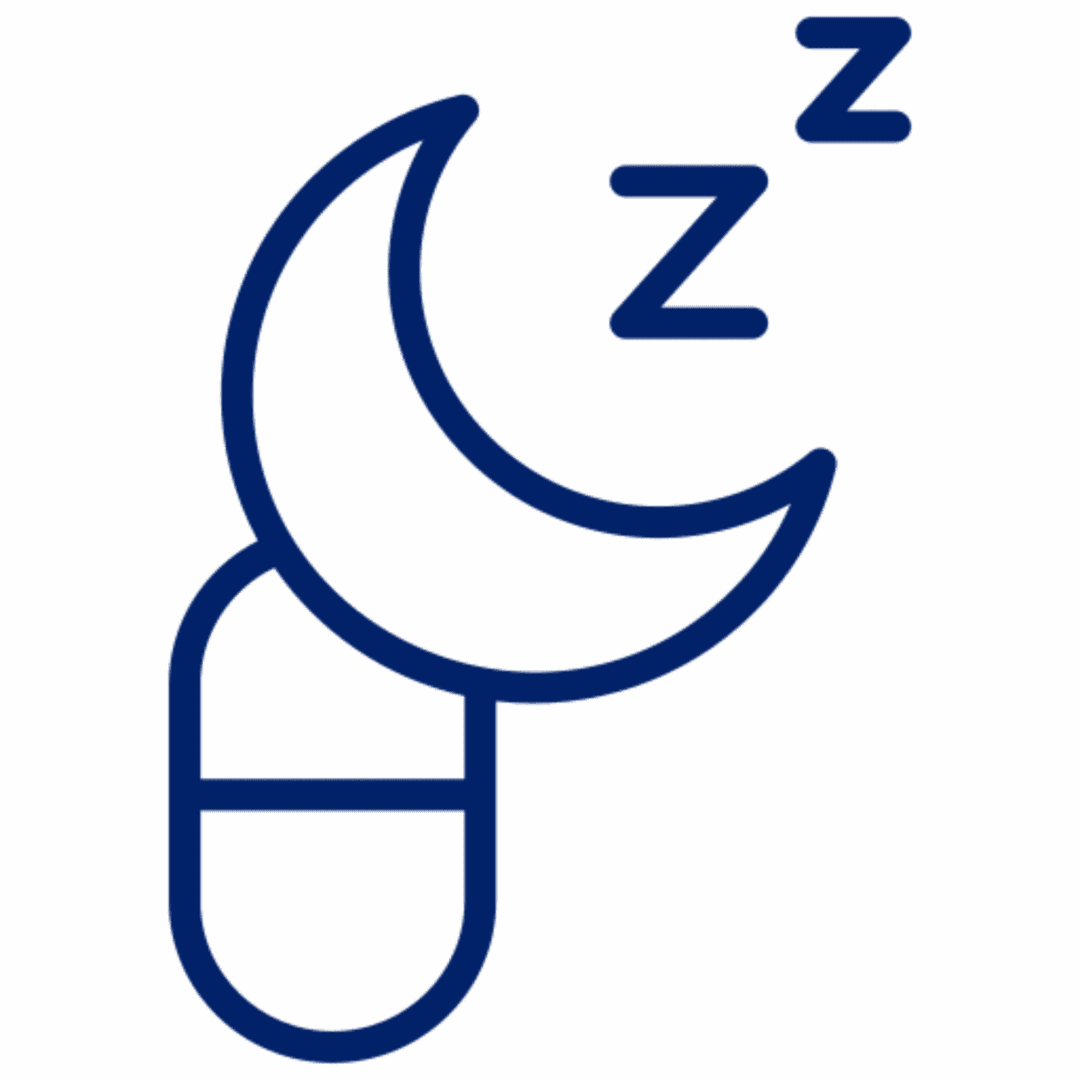 Icon of a sleeping pill with a crescent moon and Zzz symbols.
