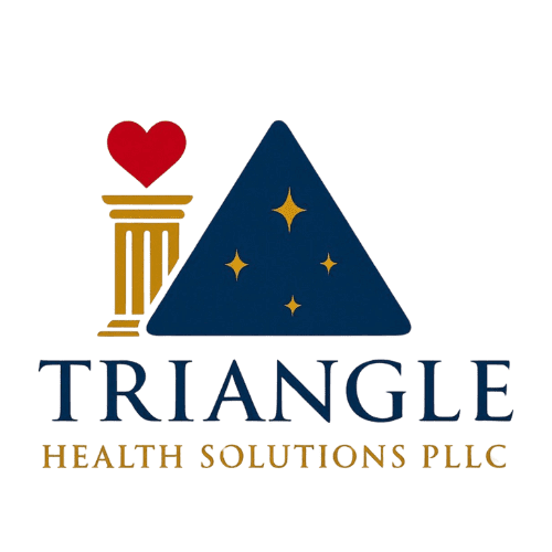 Logo of Triangle Health Solutions PLLC with a heart, column, and starry triangle.